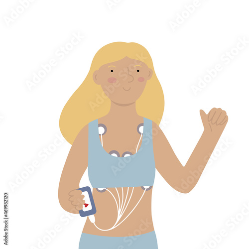 Woman with Holter heart monitor device attached on body, showing thumbs up, flat doodle vector illustration