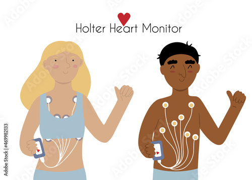 Woman and man with Holter heart monitor device attached on body, showing thumbs up flat doodle vector illustration