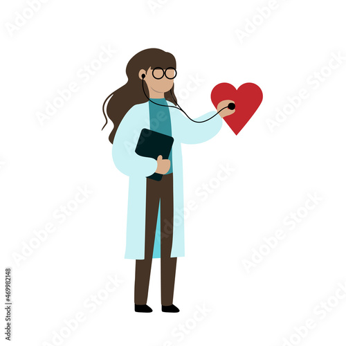 Female doctor with stethoscope listening to heart beat, conceptual heart monitoring vector illustration