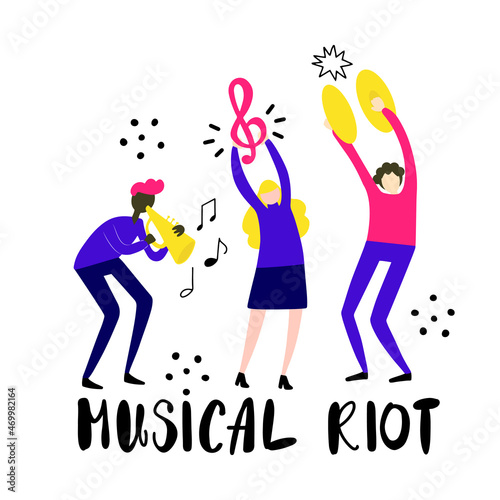 People dancing and playing on musical instruments  having fun. Lettering text Musical riot. Cartoon style vector illustration