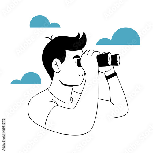 Young man looking on to something through  binoculars, outlined isolated vector illustration