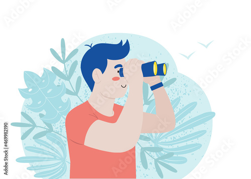 Young man looking on birds, exploring outdoors through binoculars isolated vector illustration