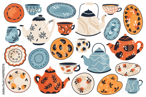 Vintage kitchen tableware set vector illustration. Cartoon retro ceramic or porcelain utensils for cooking food collection with cute mug and tea or coffee cup, teapot, plates isolated on white