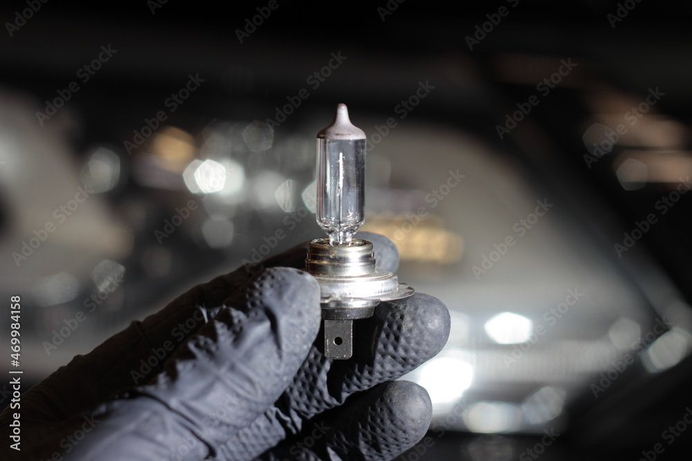 Halogen light bulb H4 above the black car. A professional worker changes  the new halogen lamps