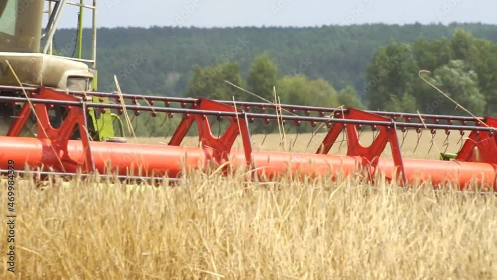 Harvesting of field with combine. Combine harvesters working on wheat field. Close-up on wheat field. The harvester moves in field and mows ripe wheat Harvesting of field with combine. Combine harvesters working on wheat field. Close-up on wheat field. The harvester moves in field and mows ripe wheat