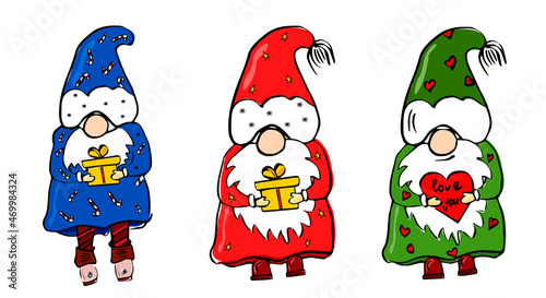Set of cute christmas man gnomes. Collection of holidays wizards or enchanter with gifts.