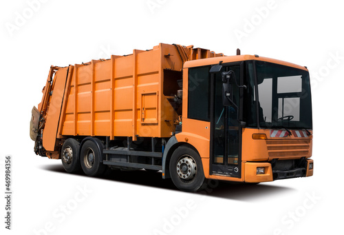 Garbage truck side view isolated on white background