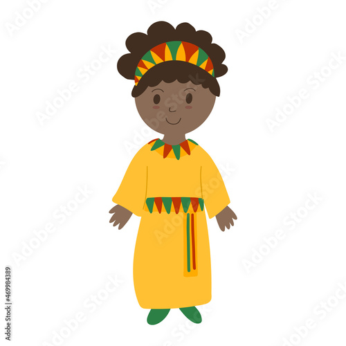 Cute little African American girl in traditional African costume in yellow, red and green colors. Character vector clip art for Kwanzaa, Black History month, Juneteenth design