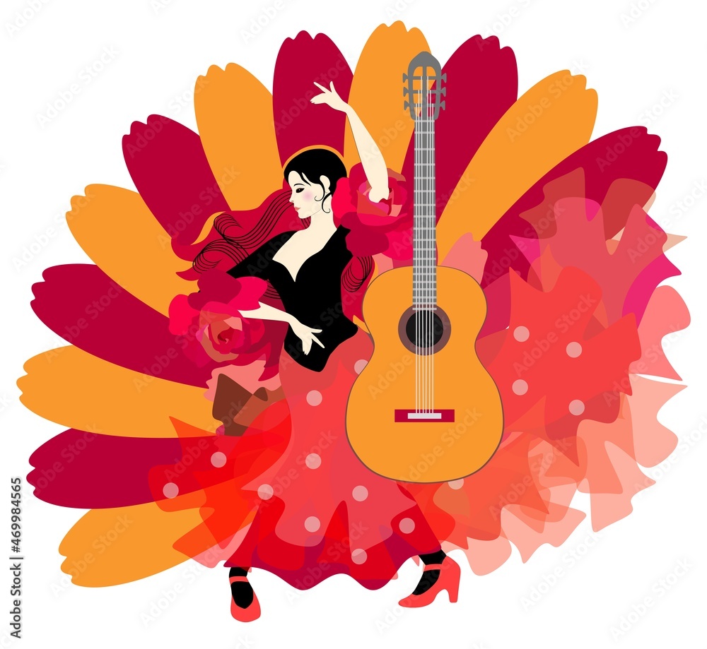 A girl dancing flamenco and an acoustic guitar on the background of a huge open fan. Postcard, concert poster. Bright vector illustration. - obrazy, fototapety, plakaty 