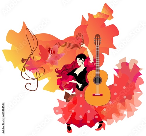 Poster with flamenco dancer. Young Spanish or gypsy girl in long red dress is dancing against background of bright mantone flying like a bird. Acoustic guitar and stave treble clef complete picture.