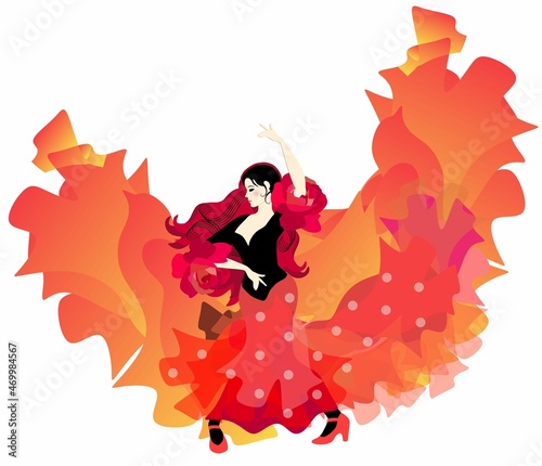 A beautiful young Spanish girl in a red-black dress with flounces in the form of roses and a fluffy skirt with polka dots is dancing flamenco. Manton flies up like a bird behind her.
