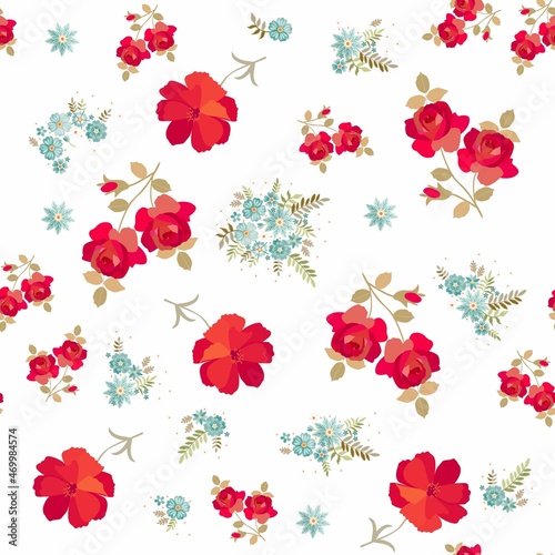 Magic seamless ornament with bright red roses and cosmos flowers and graceful embroidered bouquets of pale blue flowers on a white background. Retro style fabric print.