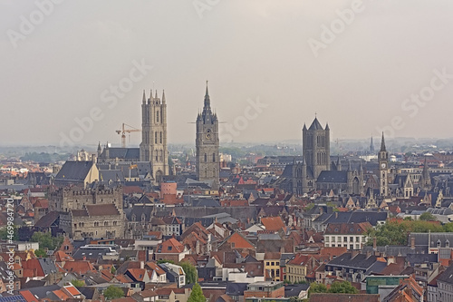 Aerial view on the historical center of the city of Ghent, Flanders, Belgium, showing the famous three towers