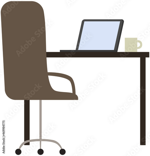 Modern workplace flat design. Office chair and office desk. Furniture and equipment for workplace of employee or office worker, vector interior workspace. Business and home work cabinet equipment