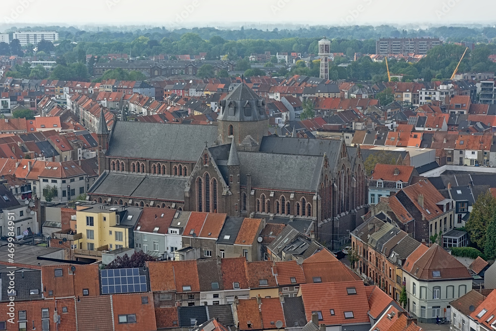 Obraz premium Aerial view of gothic revival Saint Joseph church and surroundings in Rabot neighborhood in Ghent, Flanders, Belgium 