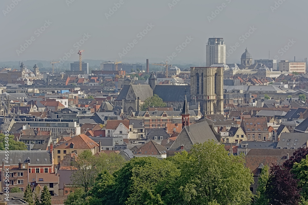Aerial view on Saint Michael church and surroundings in the city of Ghent, Belgium