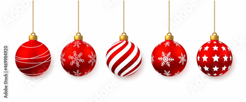 Red shiny glowing Christmas balls. Xmas glass ball. Holiday decoration template. Vector illustration