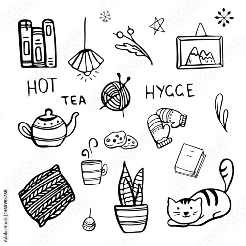 Vector set of hand drawn home hygge elements doodles