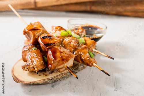 Chicken fillet kebabs close-up. Grilled yakitori.