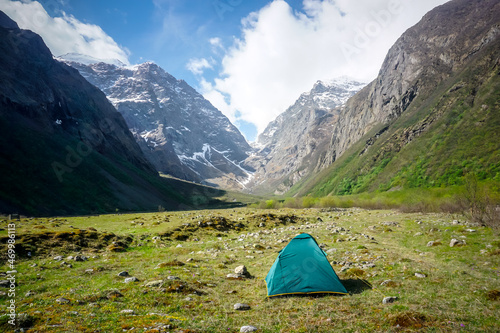 Tent in a mountain valley of the Caucasus