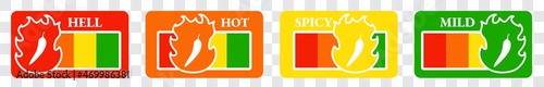 Spicy hot chili pepper icons set with flame and rating of spicy Mild, medium hot and extra hot level of pepper sauce or snack food Chili pepper or chile habanero and jalapeno level Hot pepper sign