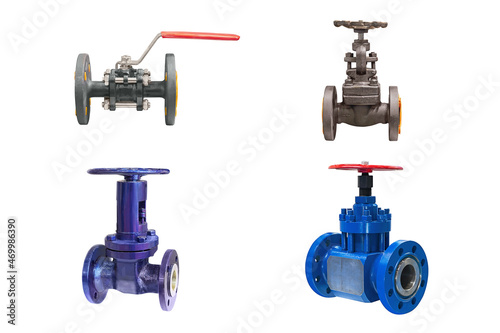 four valves of various designs with manual control for a gas pipeline on a white background
