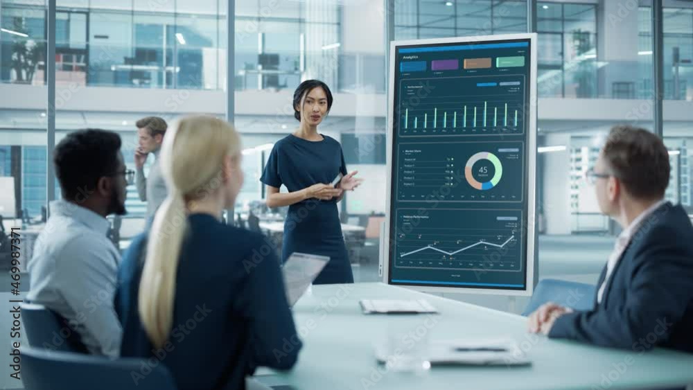 Female Operations Manager Holds Meeting Presentation for a Team of Economists. Asian Woman Uses Digital Whiteboard with Growth Analysis, Charts, Statistics and Data. People Work in Business Office.