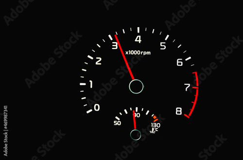 Dashboard with tachometer, odometer. Car detailing. Car dashboard shows 3 thousand rpm. Dashboard details with indication lamps. Modern interior of car -instrument panel.