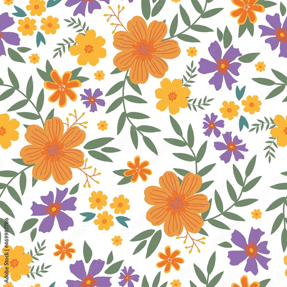 Seamless vintage pattern. Wonderful orange, yellow and purple flowers.Green leaves. White background. vector texture. fashionable print for textiles.