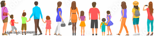 People in casual clothes back view. Characters stand looking into distance isolated on white background. Parents and children spend time outdoors together. Family weekend getaway, watching something