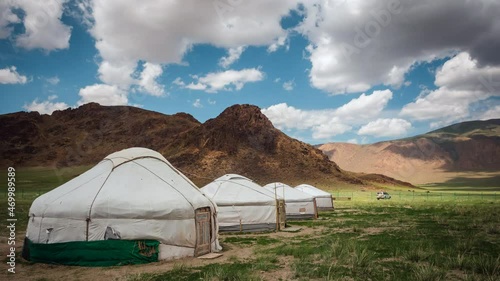Timelapse view of traditional Mongolian yurts at a ger camp outside Ulan Bator in Mongolia.  photo