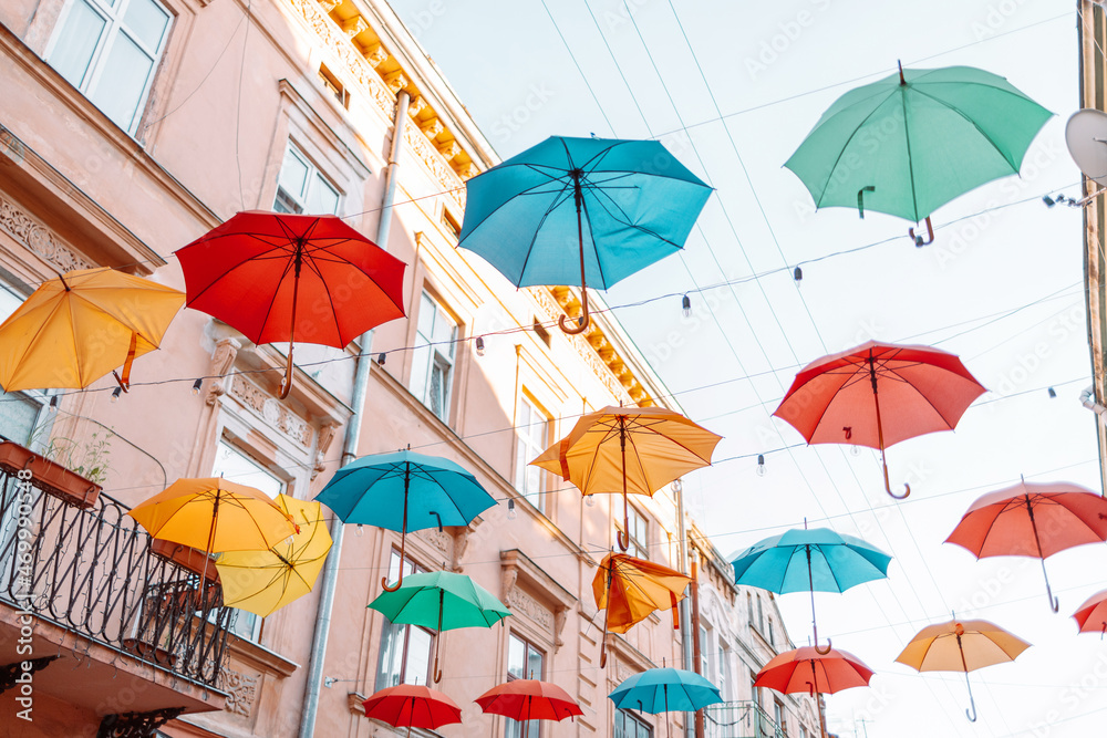 Colorfull umbrellas as festival decoration in city centre.