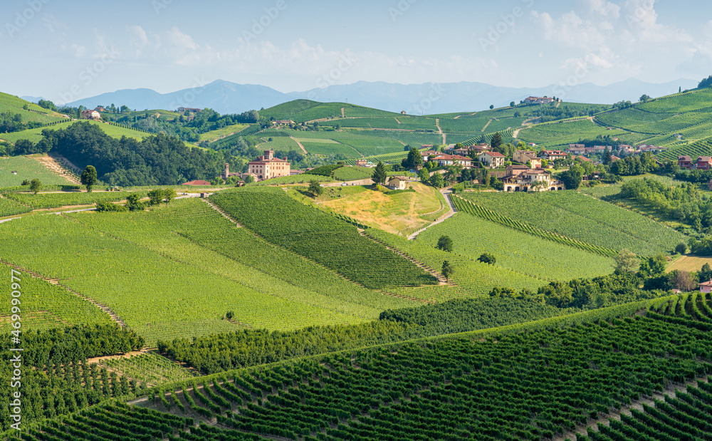Panoramic view with the Barolo Castle, as seen from the small Cappella delle Brunate. Langhe, Piedmont, Italy.