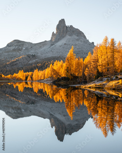 Picturesque view on Federa Lake in sunrise time. Autumn mountains landscape with Lago di Federa and bright orange larches in the Dolomite Apls, Cortina D'Ampezzo, South Tyrol, Dolomites, Italy photo