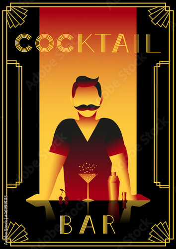Cocktail bar poster with barman, sparkling cherry cocktail and cocktail shaker. Vector poster in art deco style.