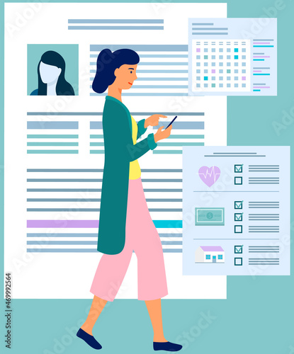 Woman surfing internet and communicating by phone. Person spends time with smartphone. Concept of using Internet and modern gadgets. Application with online shopping and personal information