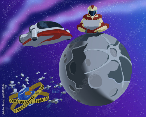 A man in a spacesuit sits on the moon. A man in a spacesuit studies or works online at his laptop and waits to be vaccinated sitting on the moon while Earth is in a quarantine zone. 