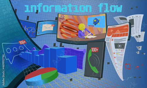 Information flow. A news announcer and a correspondent fish aggressively broadcast news from a TV panel surrounded by active infographics and various multimedia gadgets on a blue background.