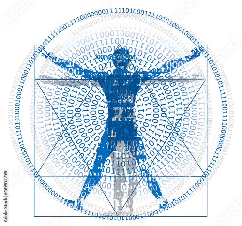 Vitruvian man with binary code,symbol of digital age.
Stylized drawing of vitruvian man with spiral of binary codes. Vector available.