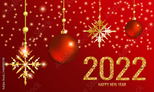 Greeting card with Happy New Year 2022. Christmas background with shiny snowflakes, Christmas toys and numbers 2022. Vector illustration 