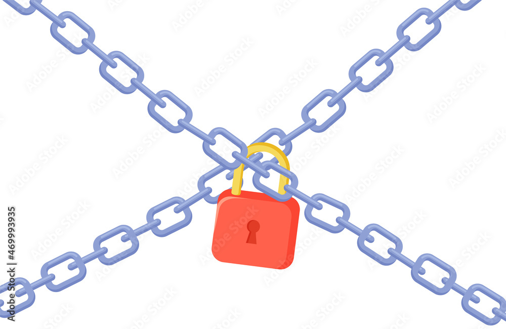 Lock with chain isolated vector illustration. Concept of protection. Security design, private territory symbol, stop sign. Warning and safety equipment protects against penetration of strangers Lock with chain isolated vector illustration. Concept of protection. Security design, private territory symbol, stop sign. Warning and safety equipment protects against penetration of strangers