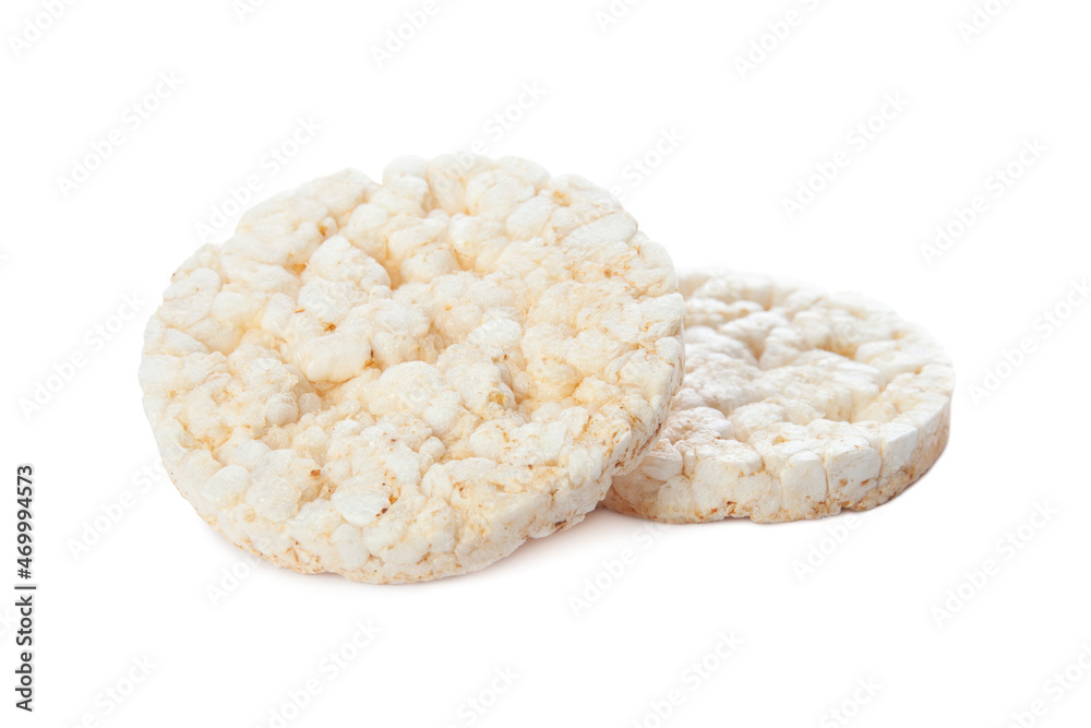 Puffed rice cakes isolated on white background. Healthy crunchy snack. Wholegrain crisp bread 