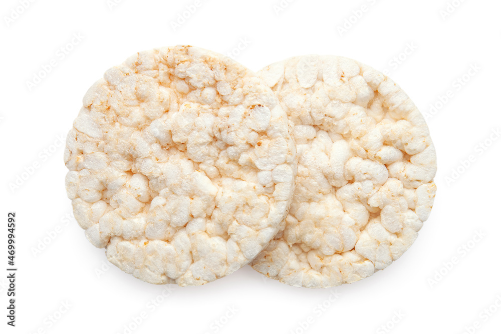 Puffed rice cakes isolated on white background. Healthy crunchy snack. Wholegrain crisp bread Puffed rice cakes isolated on white background. Healthy crunchy snack. Wholegrain crisp bread