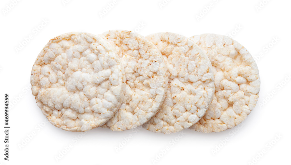 Puffed rice cakes isolated on white background. Healthy crunchy snack. Wholegrain crisp bread Puffed rice cakes isolated on white background. Healthy crunchy snack. Wholegrain crisp bread