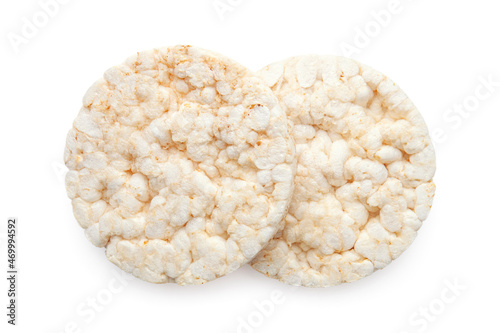Puffed rice cakes isolated on white background. Healthy crunchy snack. Wholegrain crisp bread 