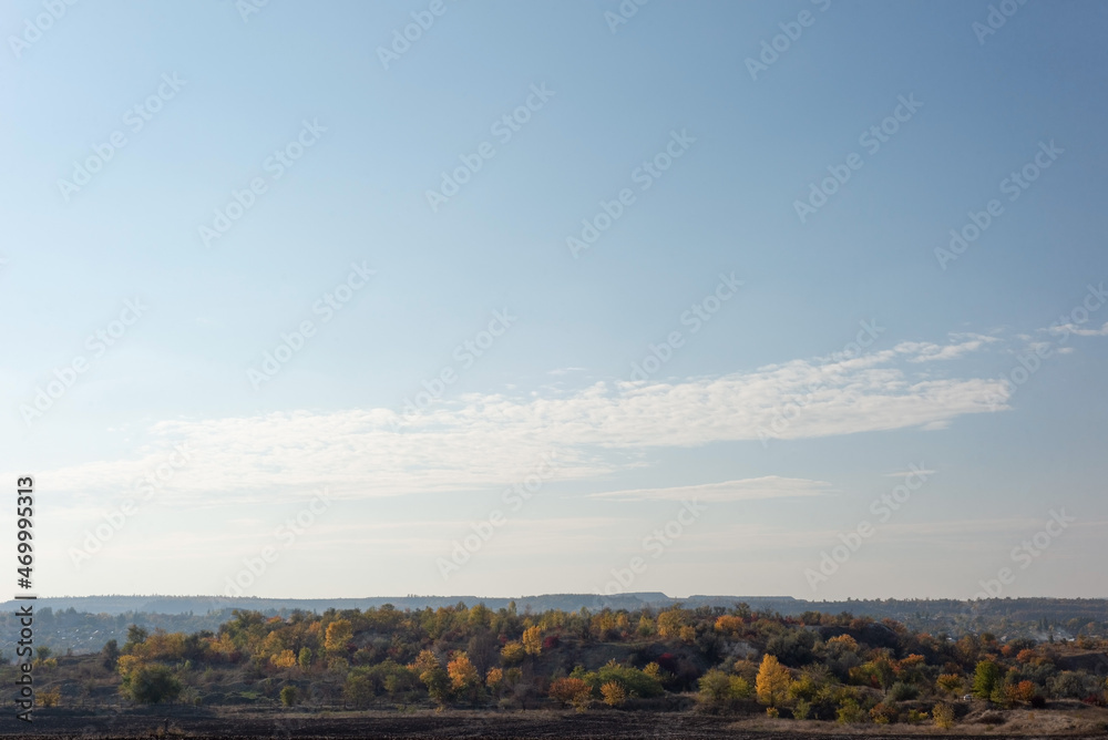 landscape of autumn countryside with trees on a background of blue sky