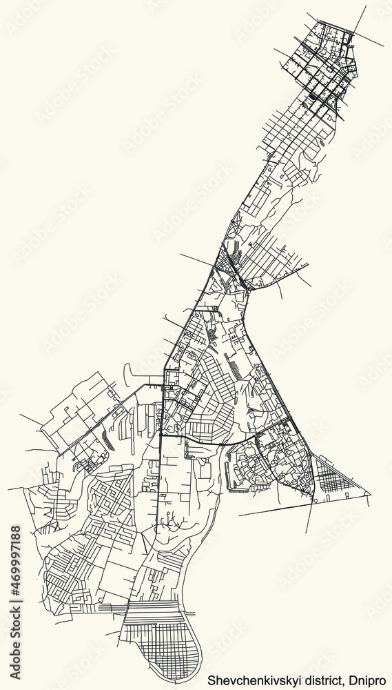 Fototapeta premium Detailed navigation urban street roads map on vintage beige background of the quarter Shevchenkivskyi District of the Ukrainian regional capital city of Dnipro (Dnepropetrovsk), Ukraine