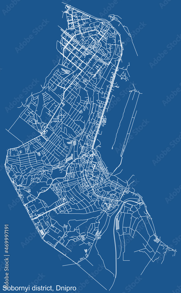 Detailed technical drawing navigation urban street roads map on blue background of the quarter Sobornyi District of the Ukrainian regional capital city of Dnipro (Dnepropetrovsk), Ukraine