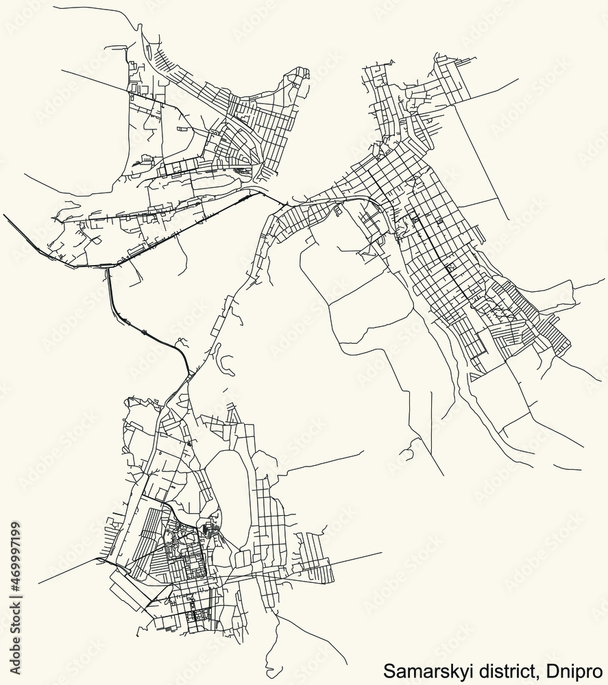 Detailed navigation urban street roads map on vintage beige background of the quarter Samarskyi District of the Ukrainian regional capital city of Dnipro (Dnepropetrovsk), Ukraine