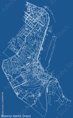 Detailed technical drawing navigation urban street roads map on blue background of the quarter Sobornyi District of the Ukrainian regional capital city of Dnipro (Dnepropetrovsk), Ukraine